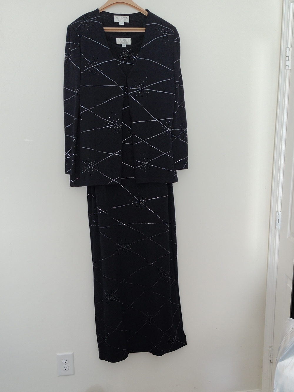 St. John Black Two-Piece Evening Dress Set with Silver Geometric Sparkle Size 12